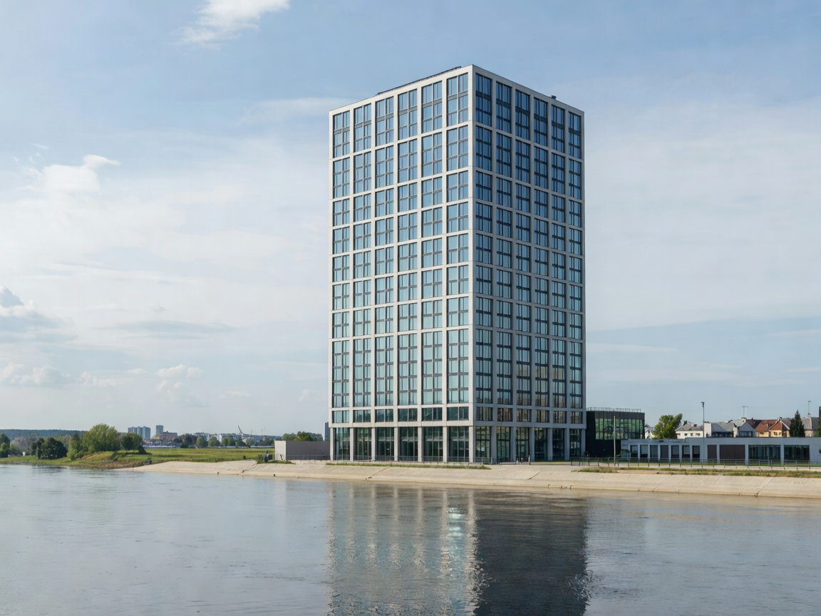 Ulkokuva Radisson Blu Hotel Lietuvan julkisivusta Neris-joen rannalla Vilnassa