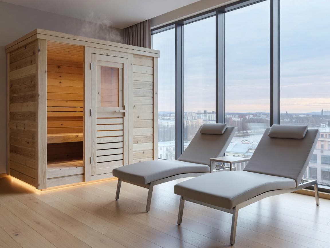 Pohjoismainen puinen sauna ja modernit lepotuolit Radisson Blu Hotel Lietuvassa